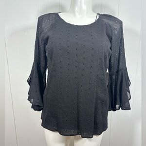 NWT LC Lauren Conrad Sz Large 3/4 Flared Sleeve Eyelet Blouse Slight Split Back